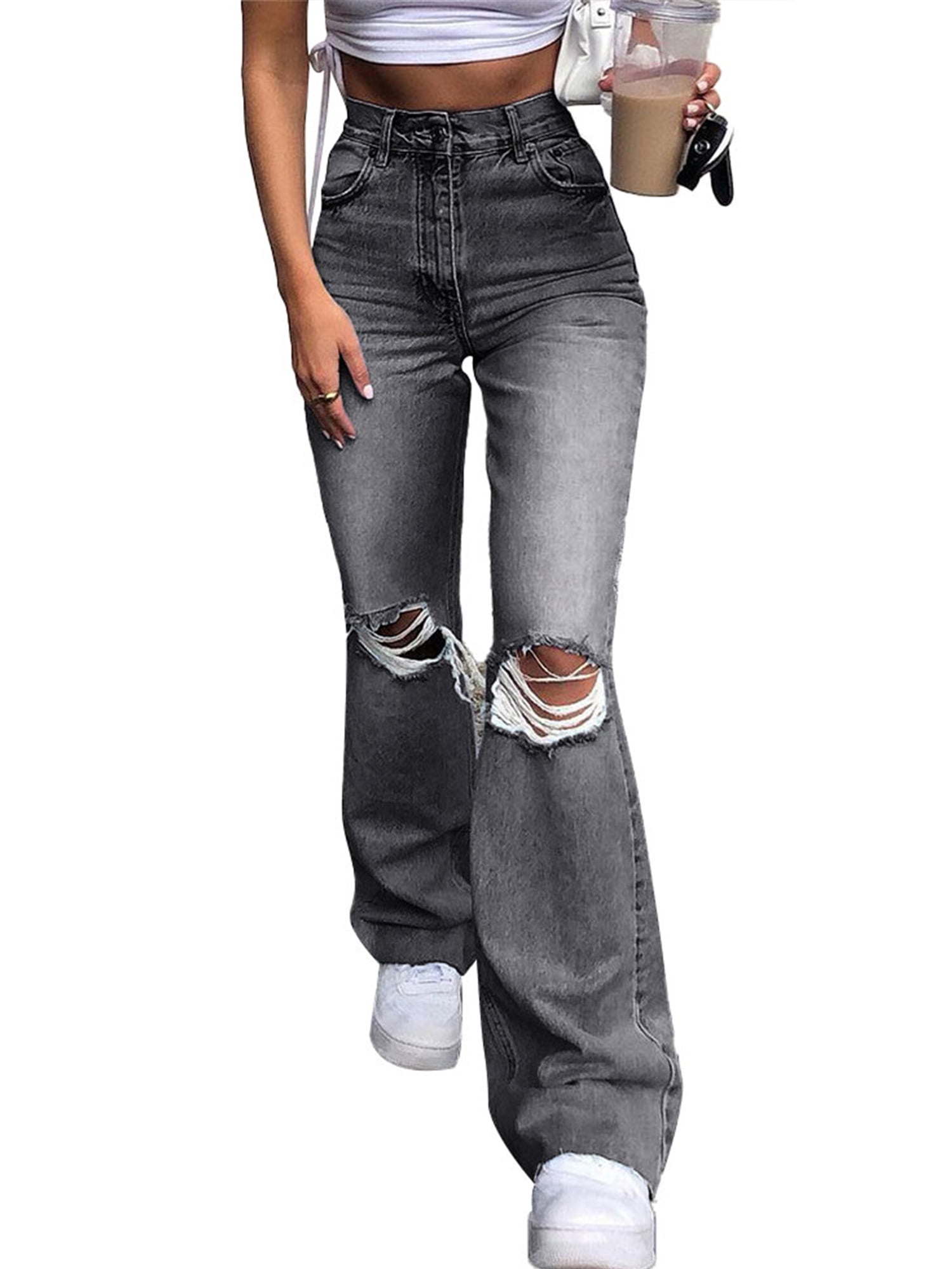 Womens High Waist Ripped Distressed 
