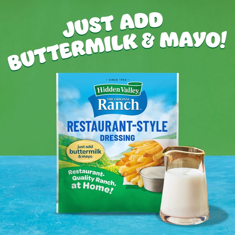 hidden valley buttermilk ranch dressing Original - Recipe - Salad & Seasoning Mix - Makes 16 FL OZ (473 mL) - Net Wt. 0.4 OZ (11 g) Be everybodys favorite chef with everybodys favorite restaurant Hidden Valley The Original Ranch