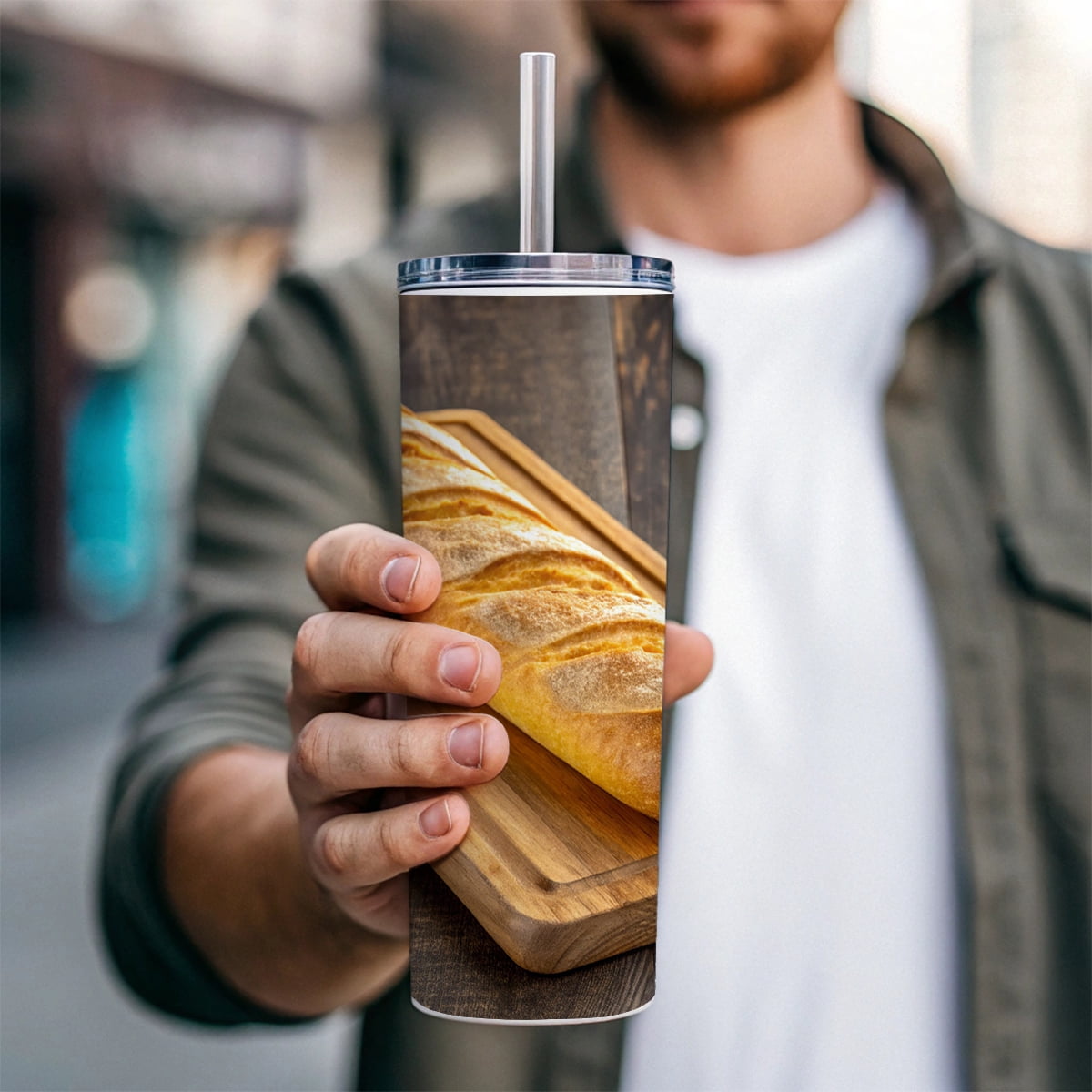Baguette Bread Board 20oz Insulated Water Bottle Skinny Tumbler Includes Straw
