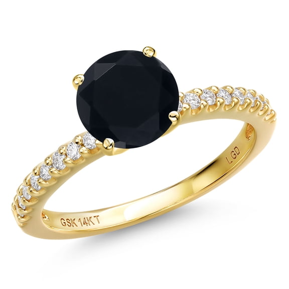 Gem Stone King 14K Yellow Gold Black Onyx and Lab Grown Diamond Engagement Ring for Women | 1.81 Cttw | Round 8MM | Gemstone December Birthstone | Size 7