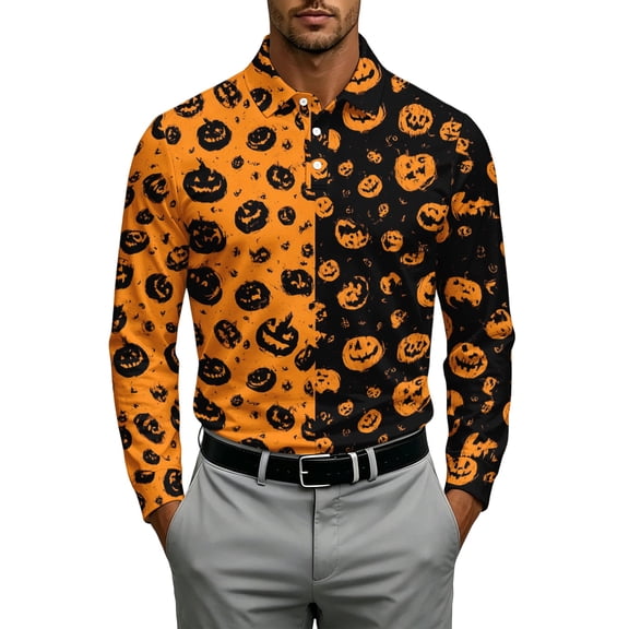JULMCOMO Halloween Polo Shirts for Men Bat Pumpkin Skull Print Collared Long Sleeve Loose Fit Casual Golf Shirts Party Holiday Graphic Tees Dark Gray 3XL