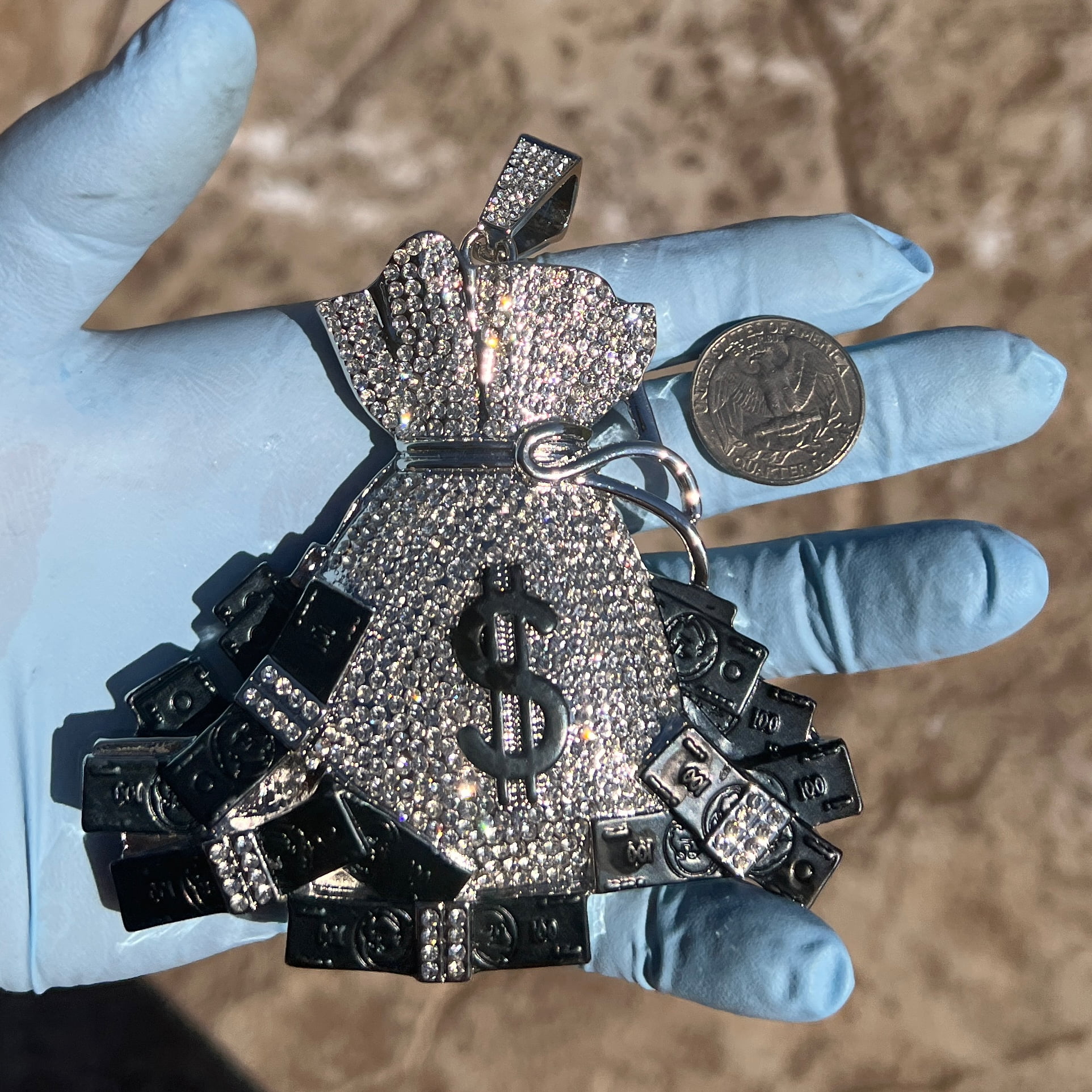 Men's Huge Money Bag Jumbo Hip Hop Pendant Iced Flooded Out Bling Black Bills Silver Tone Charm Medallion