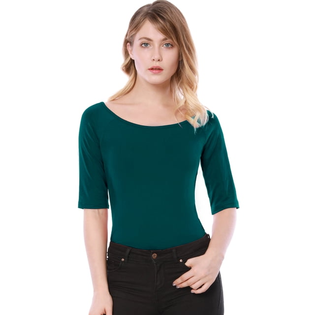 Camiseta Suave de media manga Allegra K con cuello redondo Entallado para Mujer Verde oscuro L