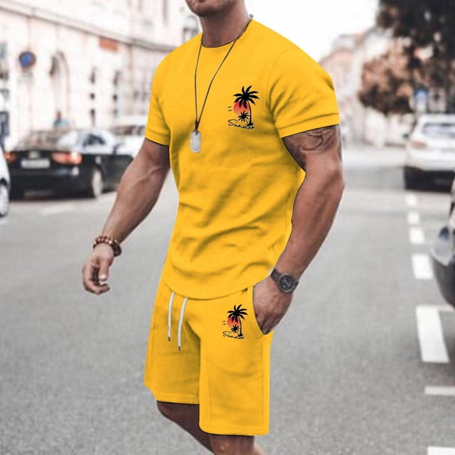 Costumes pour Hommes - / Costume d'Athlétisme 2024 pour Hommes Grande Taille Manches Courtes Col Rond Ensemble de Sport Décontracté Petit Imprimé Noix de Coco