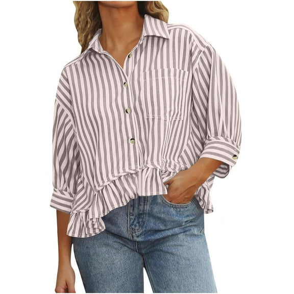 Lenpel Button down Shirts for Women Trendy 3/4 Sleeve Collared Ruffle Hem Striped Crop Tops Loose Fit Casual Blouses(Khaki,X-Large)