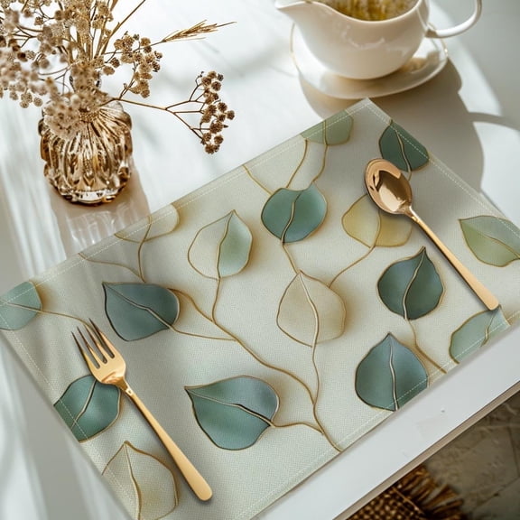 4 Pcs Woven Polyester Placemats with Leaf Print - Machine Washable, Rectangular, for Restaurant Decor