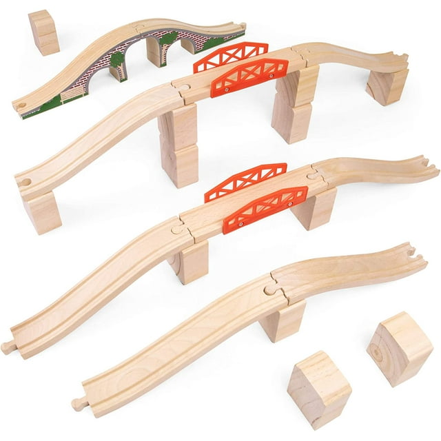Bridge Bonanza! Deluxe Train Track Set (22 pcs.) | Includes 2 Rail Bridges, 2 Brick Bridges, 6 Ascending Tracks, 12 Risers Wooden Track Pieces | Compatible with Major Brands | Classic Hobby Toy