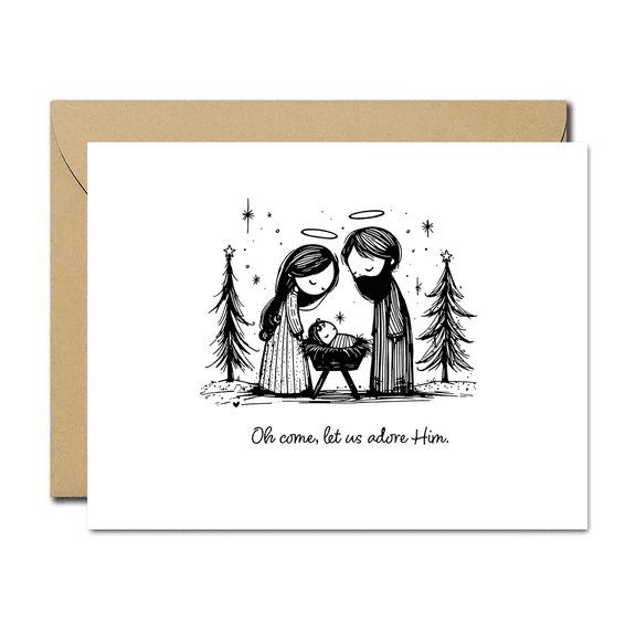 Christmas Card – Nativity Scene Design with "Oh come, let us adore Him" – Envelope Included, Blank Inside – Perfect Holiday Greeting Card