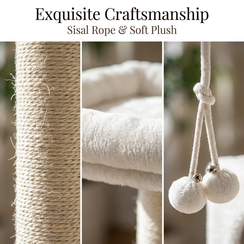 Cat Tree Tower, 73 Inch Tall Multi-Level Cat Condo with Natural Sisal Scratching Posts, Plush Perches, Cozy Hideaway, Hanging Hammock and Rope, Beige