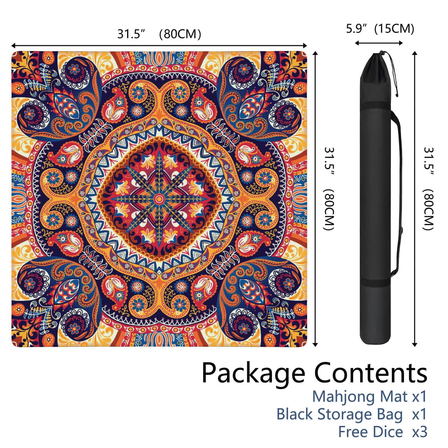 Paisley Mahjong Mat for Table, 31.5*31.5in Anti Slip American Mahjong Table Cloth, Noise Reduction, Neoprene Mah jongg Mat with Carrying Bag & 3 Dices, Mahjong Accessories Gift, Board Tile Games Mats