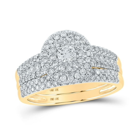 10K Yellow Gold Round Dia. Halo Bridal Wedding Band Set 1ctw, Women's Size: 5-10