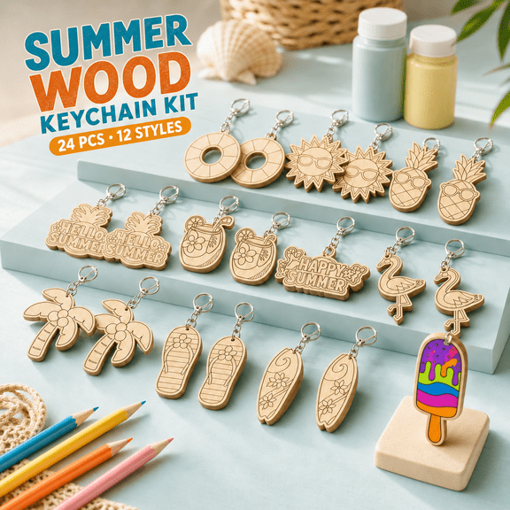 VBNDMAW 24 Pcs DIY Wooden Keychains, 12 Styles Color Your Own Summer Craft Key Rings, 2.36 Inch Natural Wood Blanks for Party Favors