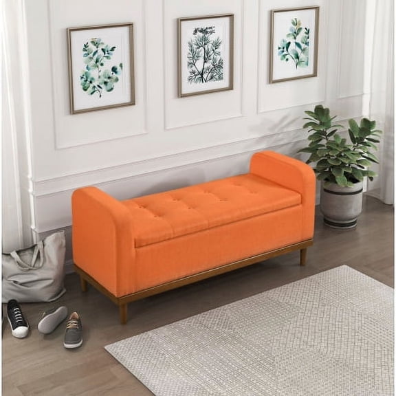 Cterwk Mid-Century Modern Solid Wood Frame Upholstered Storage Bench, Orange