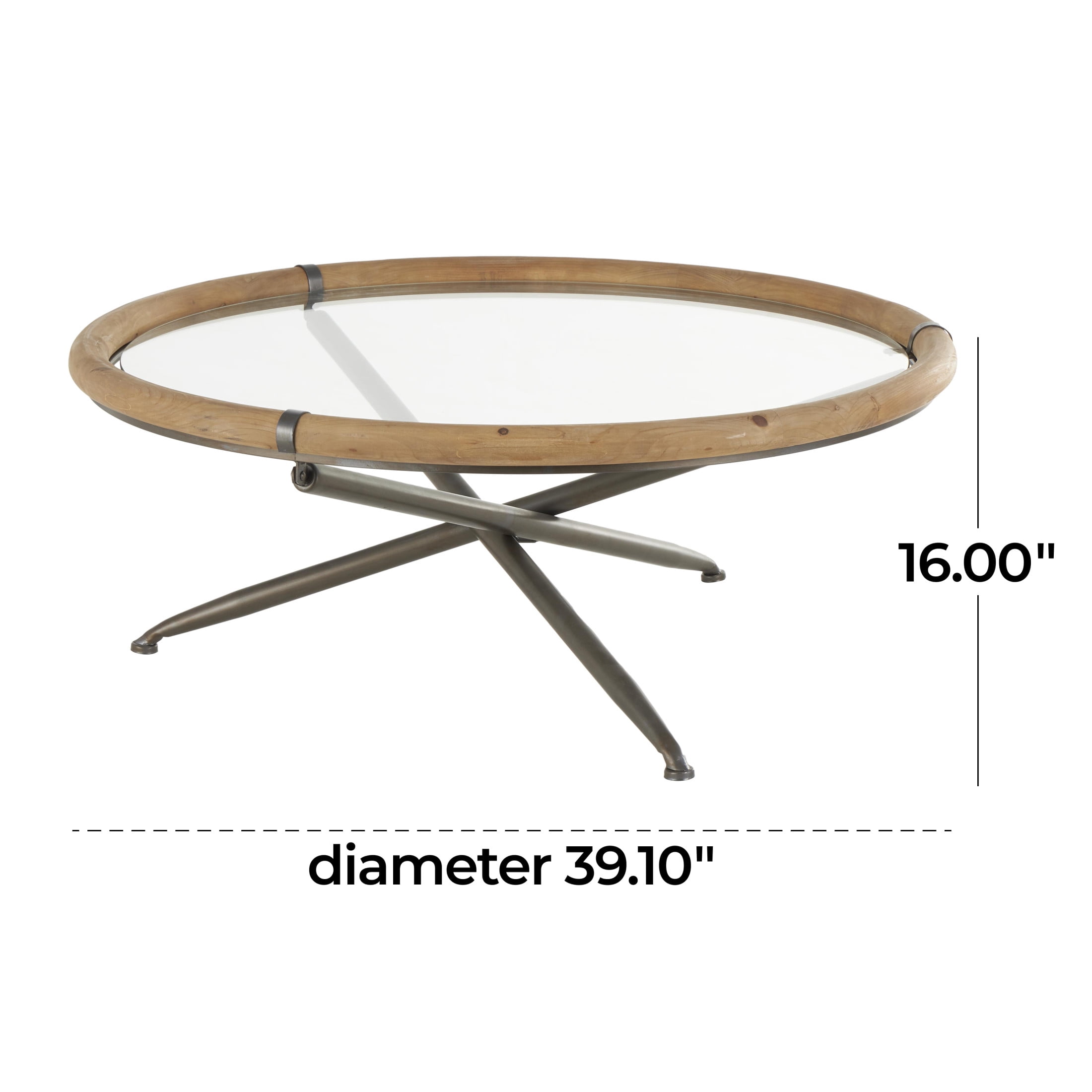 DecMode 39" x 16" Brass Metal Round Coffee Table with Brown Wooden Framed Glass Tabletop, 1-Piece
