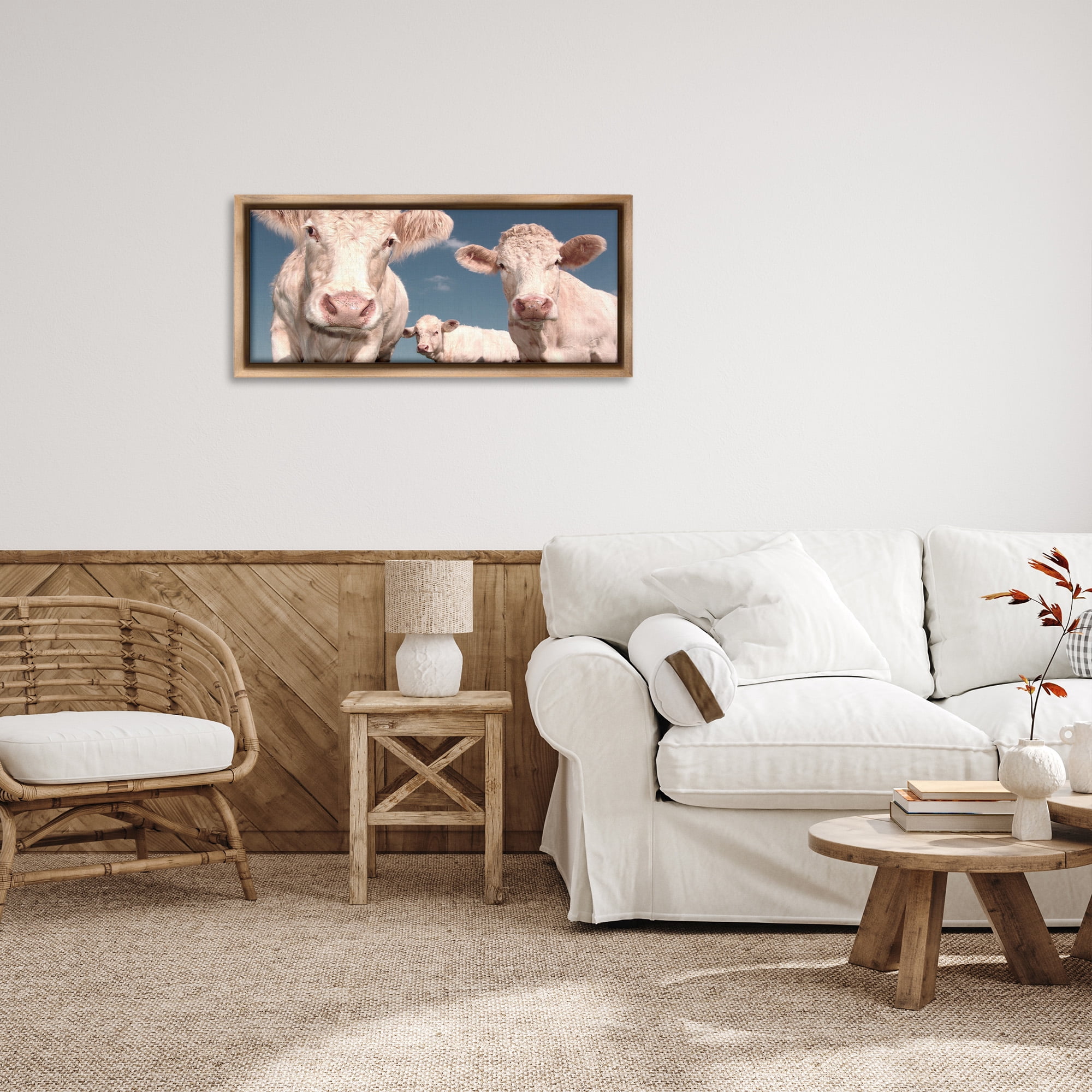Stupell Industries Three White Cows Animals & Insects Photography Brown Floater Framed Canvas Art Print Wall Art, 31 x 14