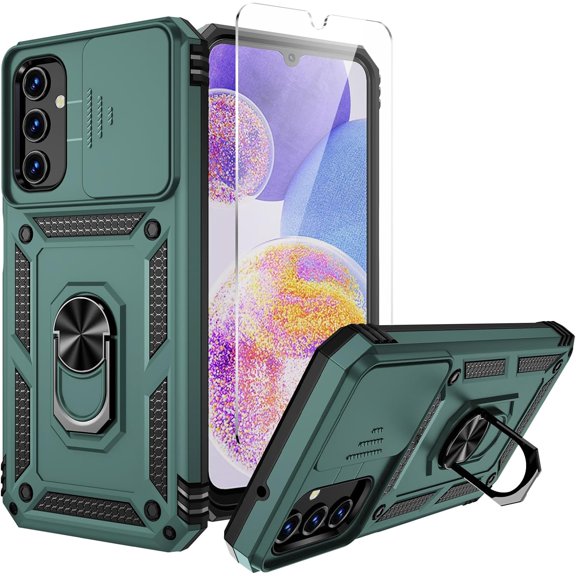 for Galaxy A14 5G Phone Case,Slide Camera Cover HD Screen ProtectorMilitary Grade Shockproof Ring Holder Kickstand Protective for Samsung Galaxy A14 5G Case, Pine Green