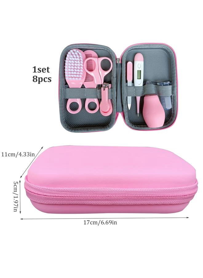 8-piece Portable Baby Care Grooming and Healthcare Kit With Premium-quality Materials，Hair Brush/Nail Clipper/Nose Cleaner/Finger Toothbrush/Nail Scissors/Manicure Kit