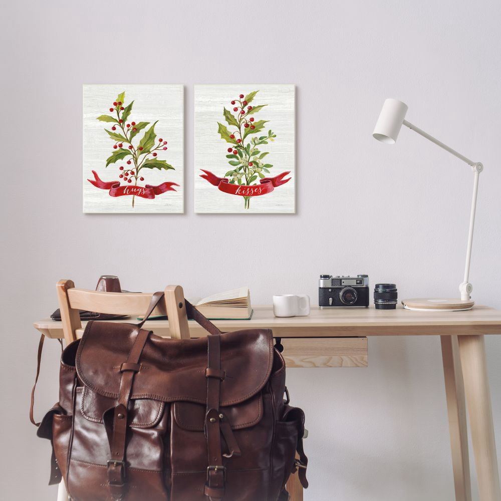 Stupell Industries Hugs and Kisses Christmas Holly Branch Winter Seasonal Framed Wall Art Design by Silvia Vassileva, 2 Piece, 11" x 14", Gray Framed