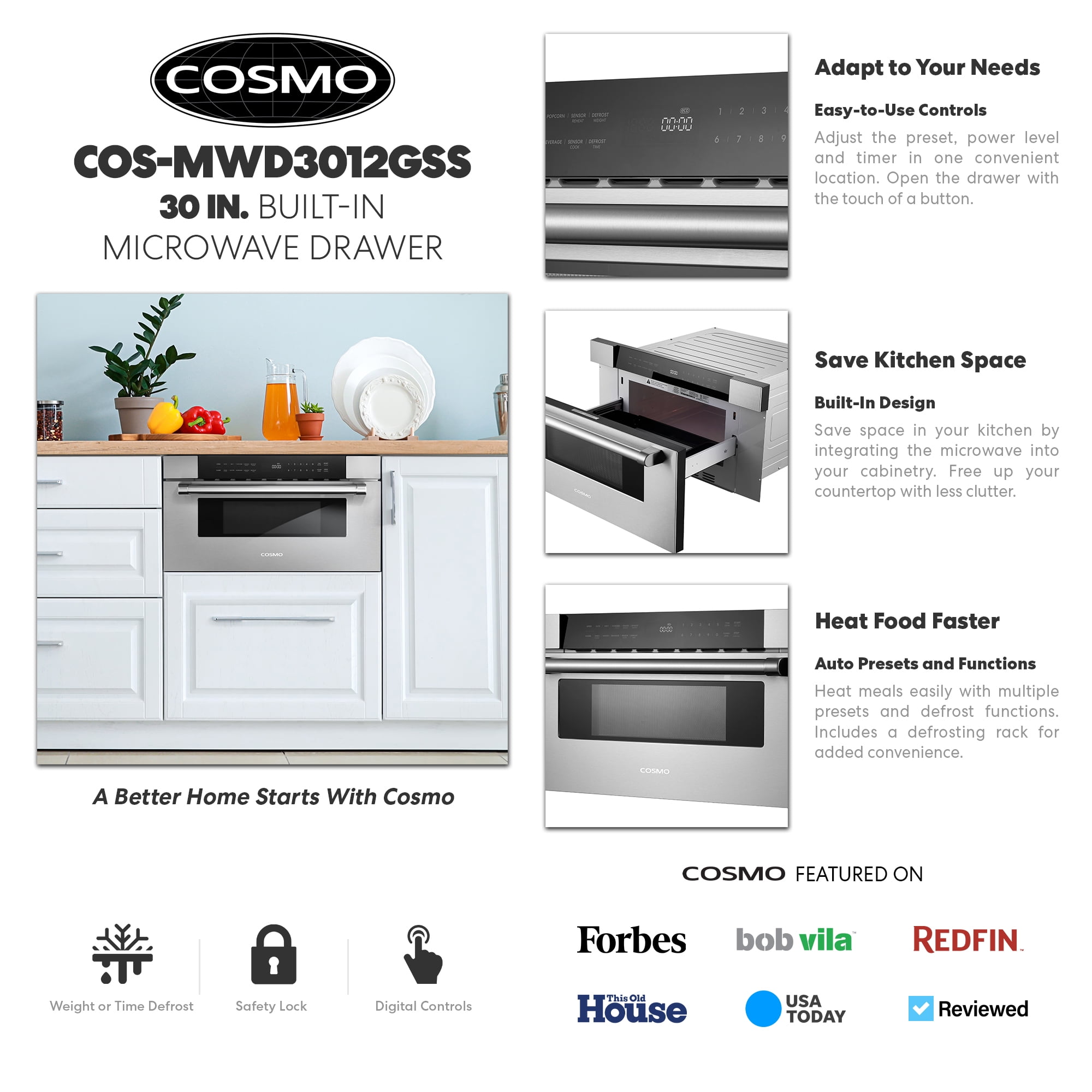 COSMO 30 in. Built-in Microwave, Stainless Steel, Touch Controls