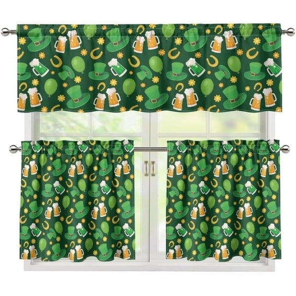 St. Patrick''s Day Kitchen Curtain Sets with Valance Green Hat&Balloon 36 Inch Length Bar Cafe Curtains Window Tiers with Rod Pocket Curtain Valance,Irish Party Home Decor,3 Piece Set