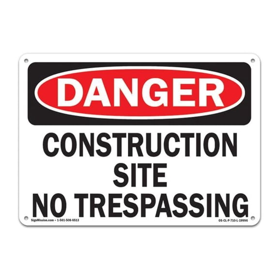 SignMission OS-CL-P-1014-L-19996 OSHA Danger Plastic Sign - Construction Site No Trespassing