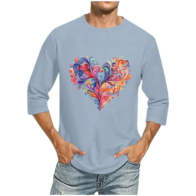 Camisas de Manga Larga para los Hombres Día de San Valentín Impresión Cuello Redondo Moda Casual, Mezcla de Poliéster de Lino de Algodón para Primavera Verano