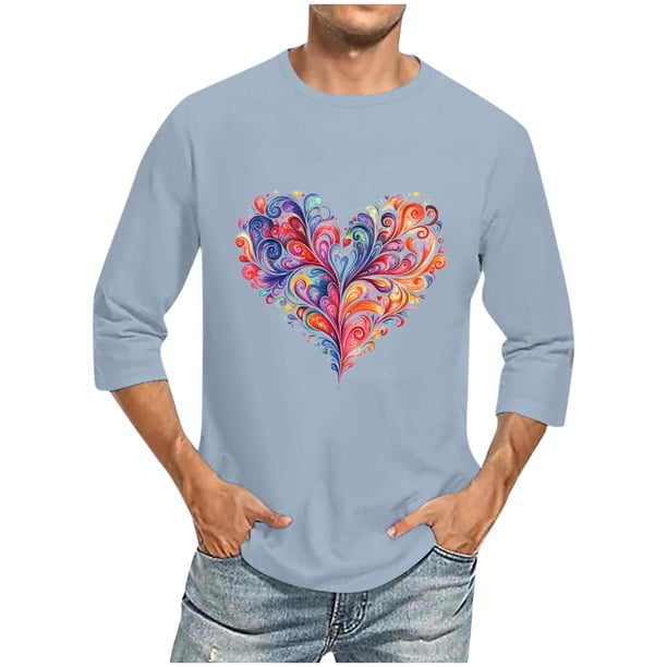 Camisas de Manga Larga para los Hombres Día de San Valentín Impresión Cuello Redondo Moda Casual, Mezcla de Poliéster de Lino de Algodón para Primavera Verano
