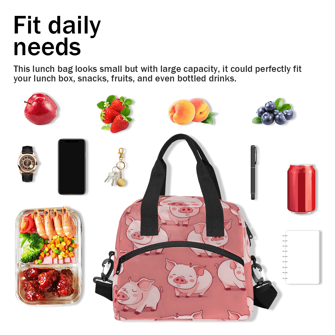 Herdesigns Pink Pig Insulated Lunch Bag for Women Men Adults Large Reusable Lunch Box Leakproof Portable Cooler Tote Bags with Adjustable Shoulder Strap