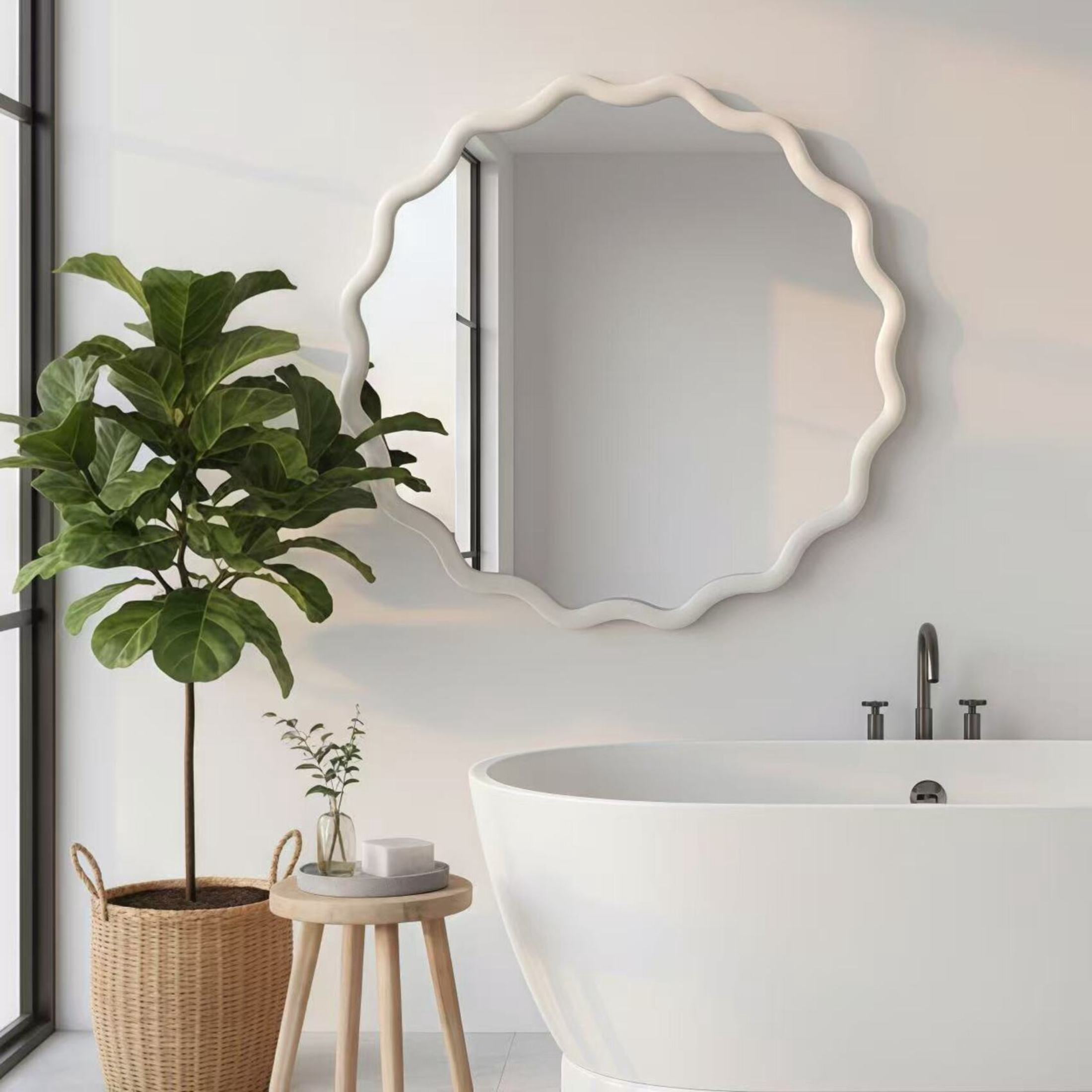 Noble House 24 Inch Wavy Round Wall Mirror, Solid Wood Decorative Vanity Mirror, White