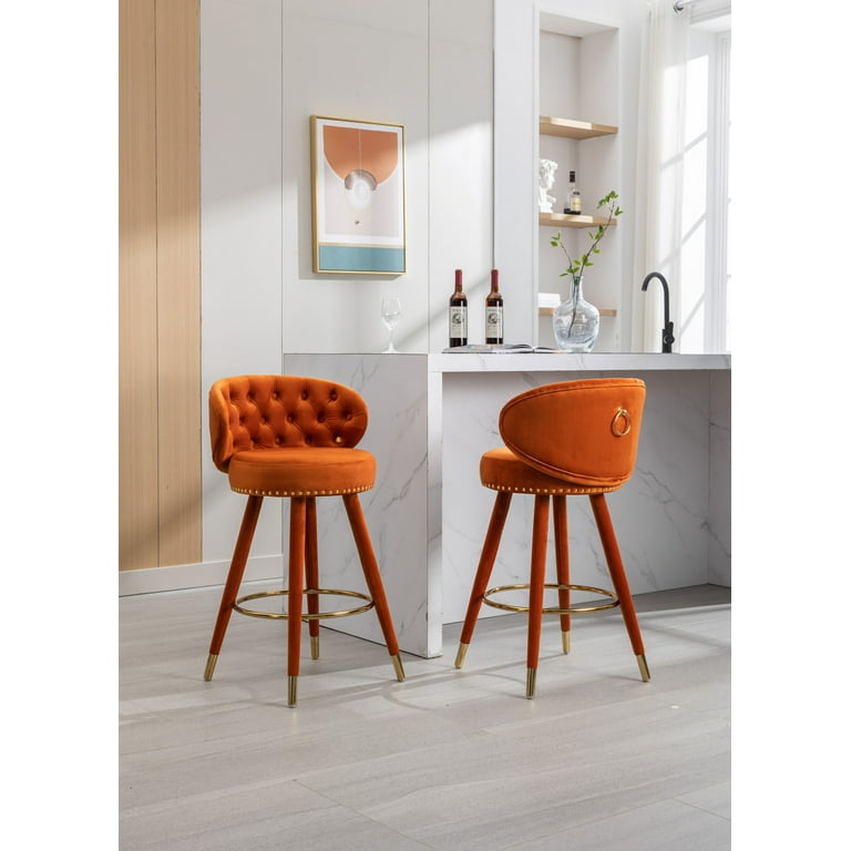 Counter Height Stools Set of 2 Button Tufted Velvet Nailheads Swivel Orange Walmart