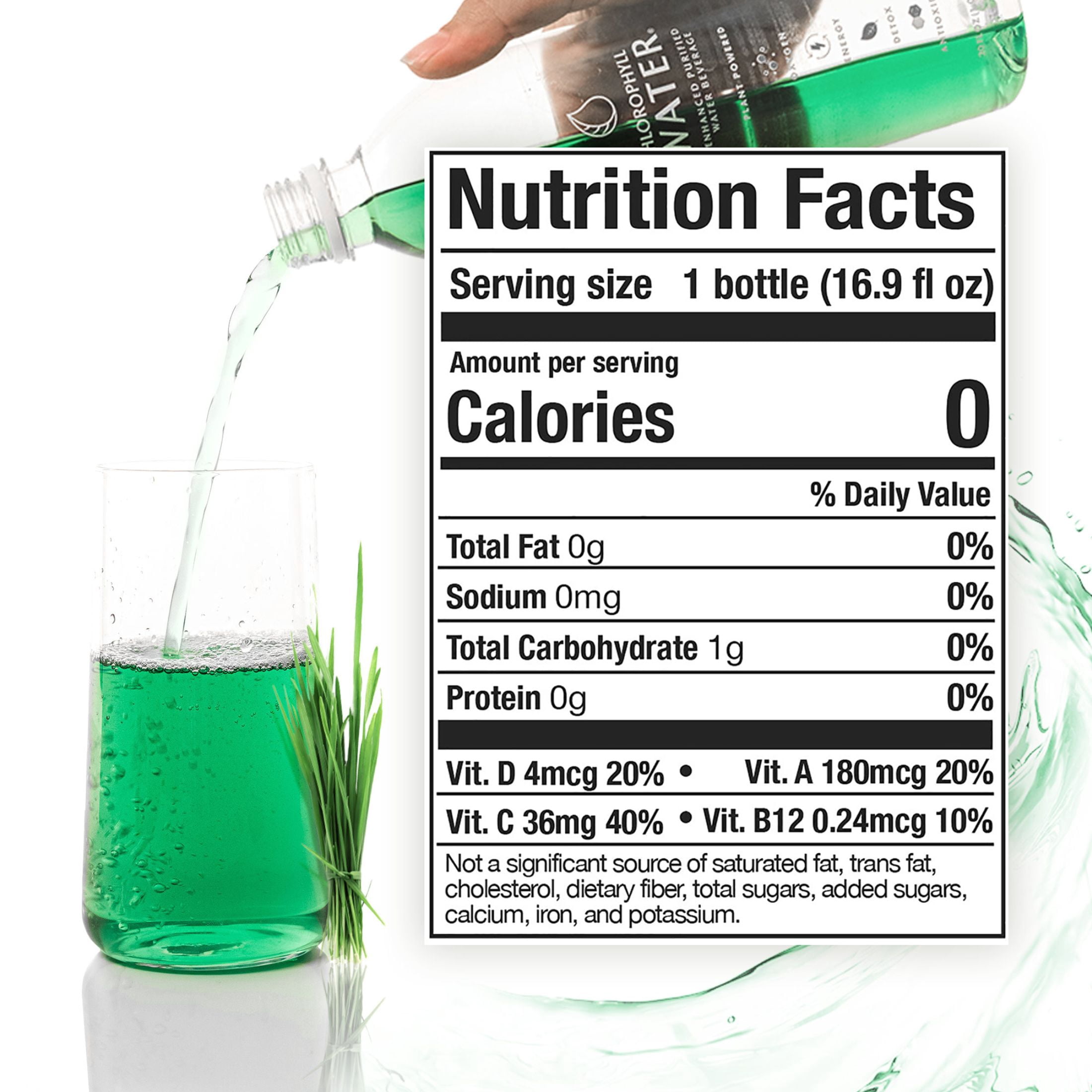 (12 pack) Chlorophyll Water in Purified Water Bottle, Plant-Based Vitamin Water, 16.9 fl oz Single Bottle