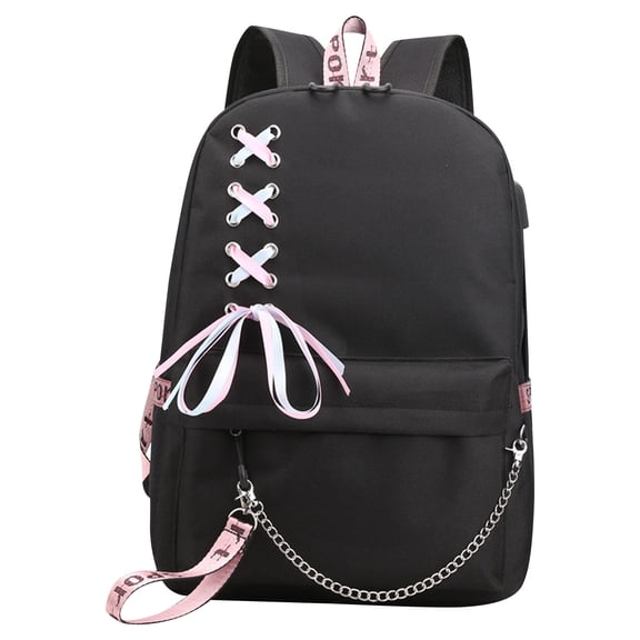 Boyscolos Lace Up Ribbon Decor Backpack for Women, Lightweight Oxford Casual School Bag with Port & Metal Chain Pendant Black One Size