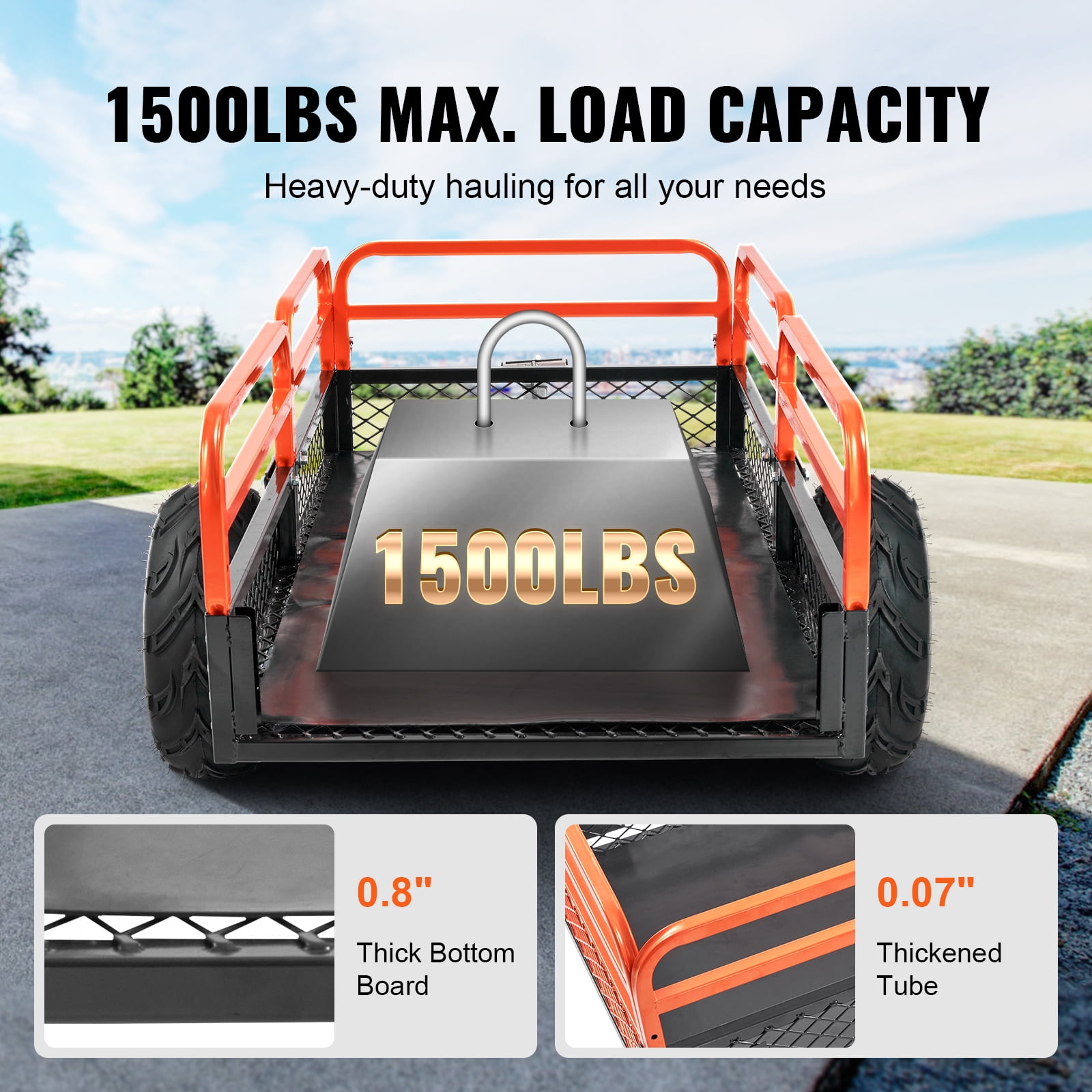 KFFKFF Dump Trailer Tow Behind Dump Cart, 1500 Lbs 15 Cu.Ft Steel ATV Hauling Trailer, Garden Trailers with Detachable Sides and 2 Wheels for Lawnmowers, Tractors, ATV, UTV