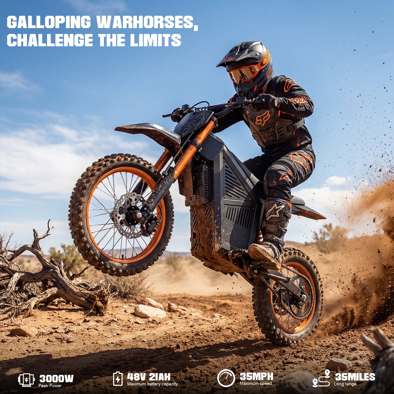 3000W Electric Dirt Bike for Adults 48V 21AH Motorcycle 35MPH Off-Road Vehicle High Carbon Steel Frame with Hydraulic Brakes UL2849