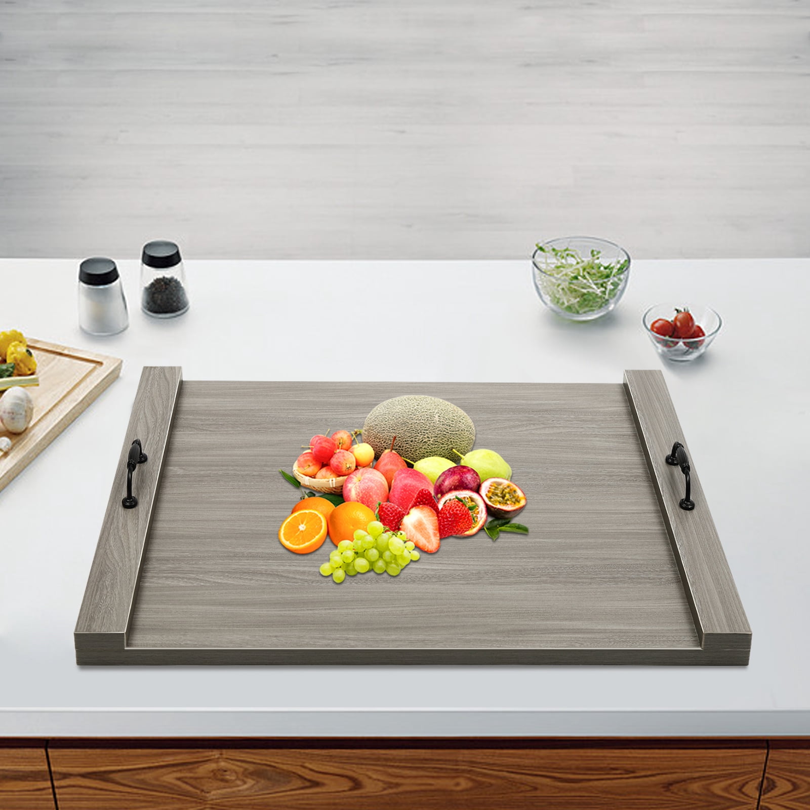 Noodle Board Stove Cover with Built-in Handles, 3 in 1 Stove Top Covers Board for Gas Burners and Electric Stove, Wooden RV Stovetop Cover, Tray for Kitchen Counter Space （30x22 In,Grey）