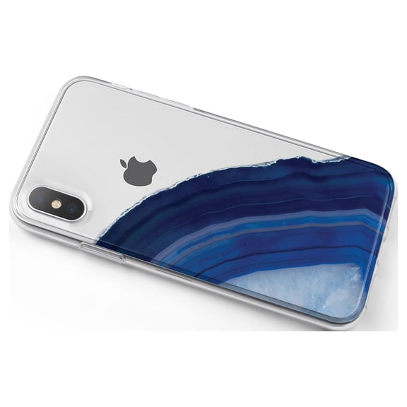 DistinctInk Clear Shockproof Hybrid Case for iPhone X / XS (5.8" Screen) - TPU Bumper, Acrylic Back, Tempered Glass Screen Protector - Dark Blue Agate Crystal Geode