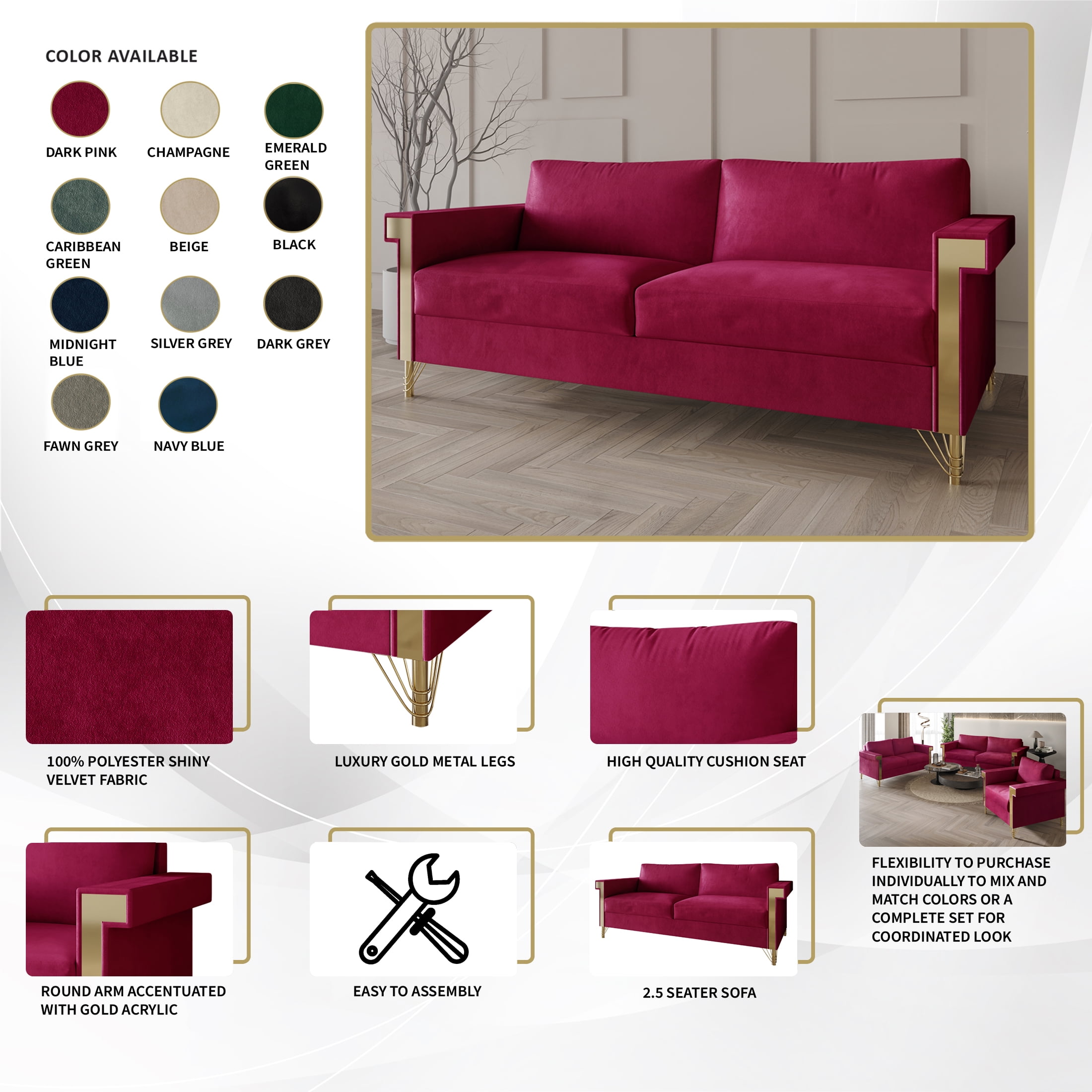 Castle Place Comtemporary Glam Velvet Upholstered Sofa, Black