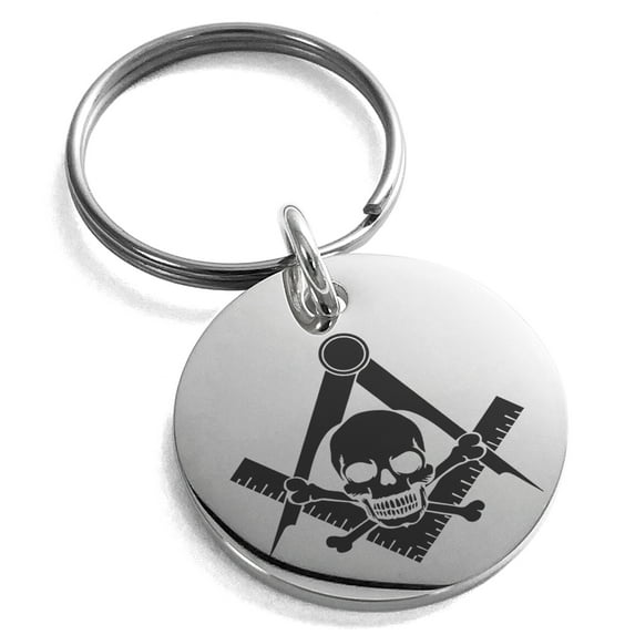 Stainless Steel Freemasons Masonic Skull & Crossbones Engraved Small Medallion Circle Charm Keychain Keyring