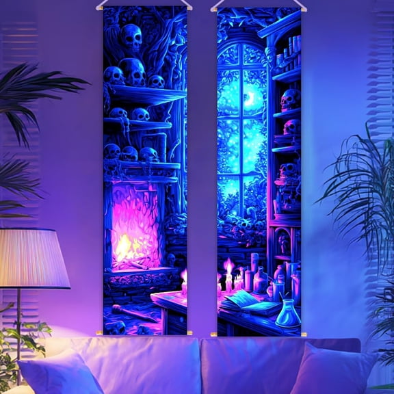 2 Pack Blacklight Bookshelf Tapestry Glow in the Dark Tapestry UV Reactive Wall Hanging 12.9×51 Inch with Ropes Wooden Rods