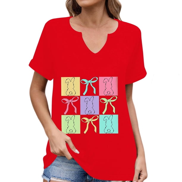 Corto para las Mujeres Casual Verano 2025 Pascua Impresión V-Cuello Camiseta, Ligero 95% Poliéster 5% Spandex Top para Toda la Temporada Hogar Y Diario
