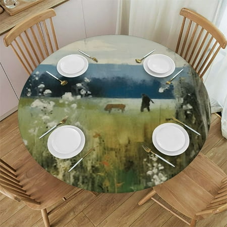 

Patifu Cow Trees Field Round Table Cover Stain Resistant Washable Indoor Outdoor Tablecloth Kitchen Dining Wedding Parties 100% Polyester Fiber 31-35