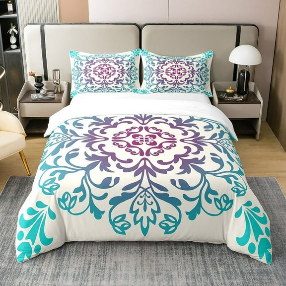Bohemian Floral 100% Cotton Duvet Cover,Retro Flower Bedding Set Full,Boho Design Persian Pattern Comforter Cover Farmhouse Decor Chic Flower Bed Sets with 2 Pillowcases Comfy,Teal Purple