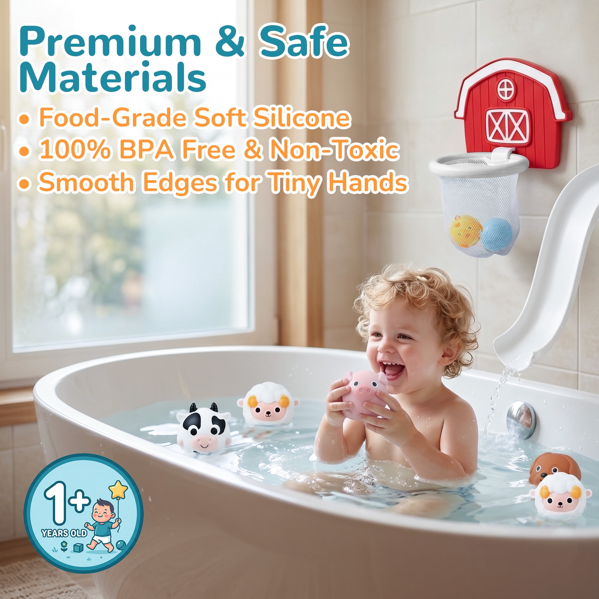 10-Piece No-Hole Farm Bath Toys for Toddlers 1-3, Bathtub Slide with Basketball Hoop and 6 Animals, Mold Free Easy Clean Baby Bath Toy Gifts