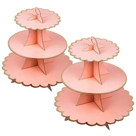 

2Pcs Cardboard Cupcake Holder Dessert Tower 3 Layers (Pink + Gold Edge)