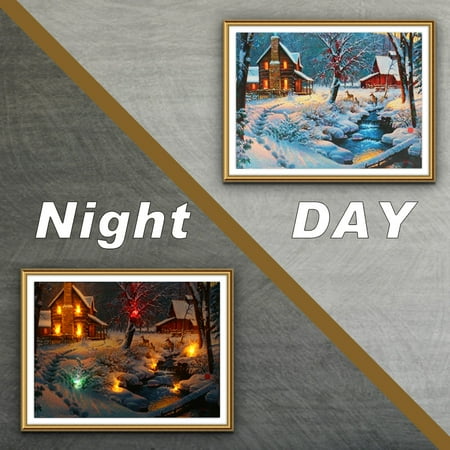 - Luminous LED Lighted Light-up bedroom wall pictures Canvas Christmas Night Snow Cabin Art Picture Print Home Wall Decor Gift 40x30cm