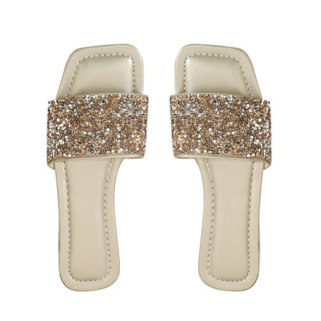 

XIEULQP Cushionaire Sandals Women Summer Flat Bottomed Slippers Sequin Rhinestone Flip Flops for Women Reef Sandals Women Gold