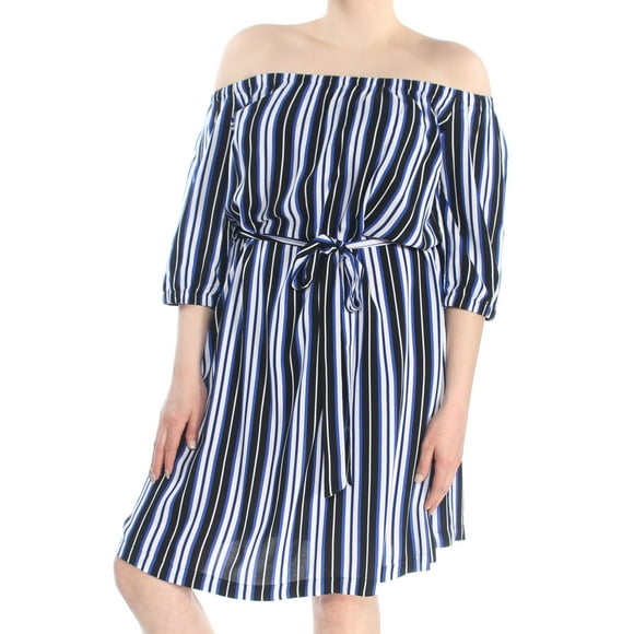 CITY CHIC Womens Blue Striped Off The Shoulder 3/4 Sleeve Off Shoulder Knee Length Sheath Dress S