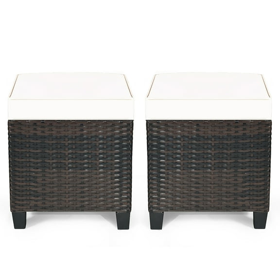 Costway 2PCS Patio Rattan Ottoman Cushioned Seat Beige