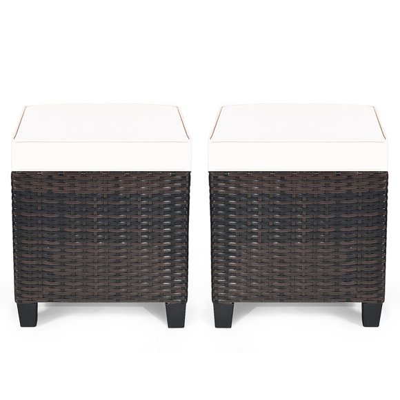 Costway 2PCS Patio Rattan Ottoman Cushioned Seat Coffee Table Furniture Beige