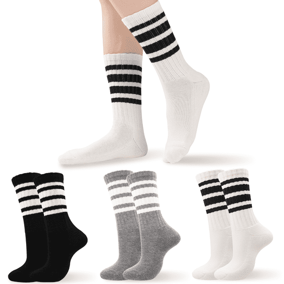 Bocaoying 3-Pack Striped Women's Cotton Crew Socks, Thickened Moisture Wicking Athletic Training Cushion Socks, US 5-9